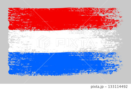 Grunge Netherlands flag. Vintage national flag of the Netherlands with ink grunge texture and paint brush strokes. Vector illustration for Independence Day, patriotic design and creative background. 133114492