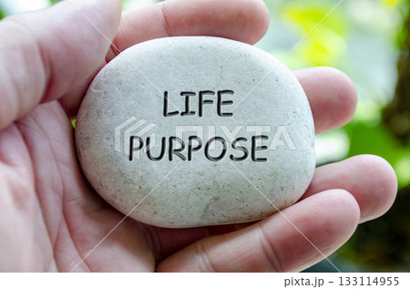 Life Purpose text engraved on white stone. Life harmony concept 133114955