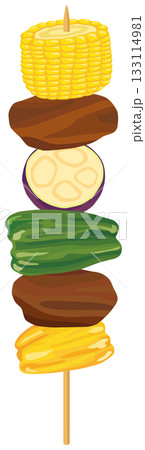 バーベキュー の串 パプリカ、ピーマン、なす、トウモロコシ ベクター素材 133114981