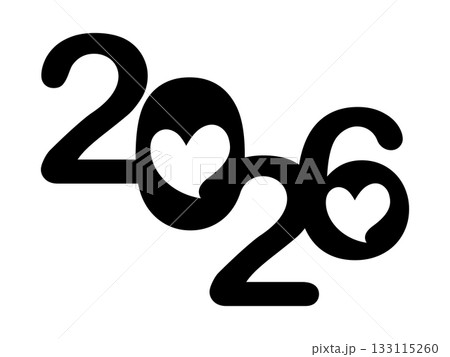 2026の数字にハートを組み込んだポップでかわいいモノクロデザイン｜2026,ハート,数字,ポップ, 133115260