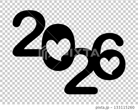 2026の数字にハートを組み込んだポップでかわいいモノクロデザイン｜2026,ハート,数字,ポップ, 133115260