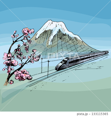 View of Mountain Fuji and traveling train. Vector vintage hatching View of Mountain Fuji and traveling train. Vector vintage hatching 133115365