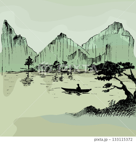Fisherman on boat. Japan. Vintage hatching japanese landscape with mountains, lake 133115372