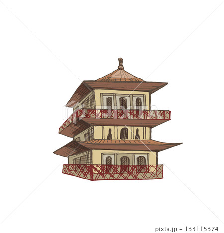 Pagoda japanese temple. Vintage hatching color illustration 133115374