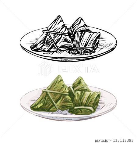 Zongzi on plate. Vintage vector hatching hand drawn illustration isolated 133115383