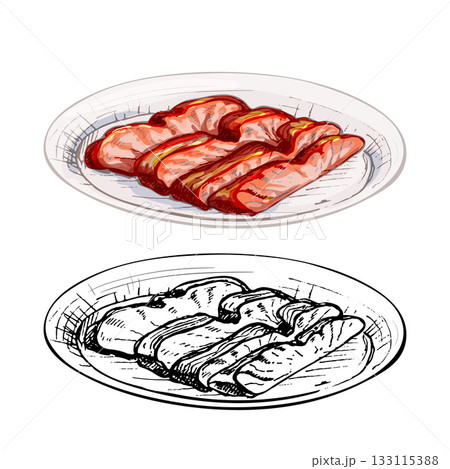 Char siu on plate. Vintage vector hatching hand drawn illustration isolated 133115388