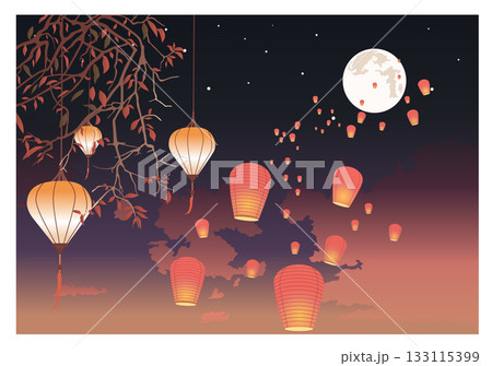 Paper lanterns with flames fly into the night sky. Color vector illustration 133115399