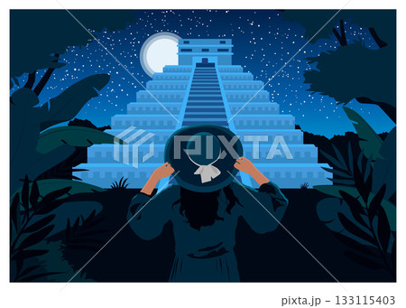 Woman looks at the Maya pyramid. Vector color illustration 133115403