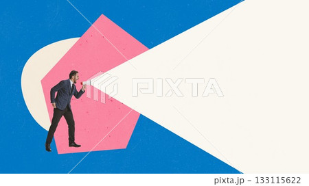 Bold poster of businessman projecting a huge megaphone beam across abstract shapes Bold poster of businessman projecting a huge megaphone beam across abstract shapes 133115622
