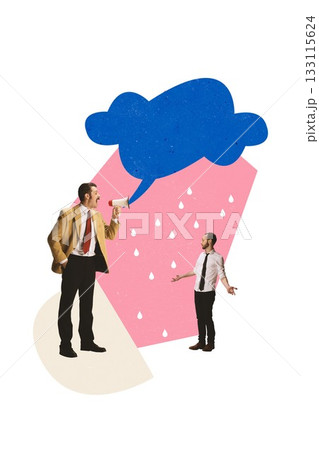 Expressive artwork of boss yelling through megaphone at confused employee under symbolic rain cloud Expressive artwork of boss yelling through megaphone at confused employee under symbolic rain cloud 133115624