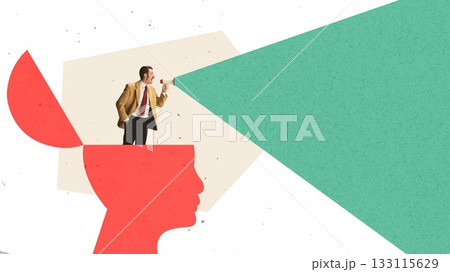 Conceptual composition of a man shouting through megaphone inside head silhouette. Conceptual composition of a man shouting through megaphone inside head silhouette. 133115629