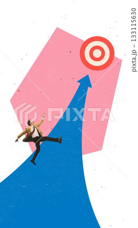 Dynamic artwork showing a businessman losing balance on a rising arrow pointing upward. Dynamic artwork showing a businessman losing balance on a rising arrow pointing upward. 133115630