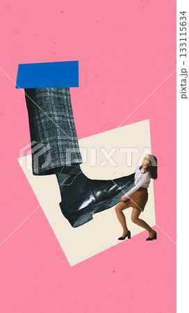 Surreal artwork of woman resisting a giant corporate shoe pressing down on her. Surreal artwork of woman resisting a giant corporate shoe pressing down on her. 133115634