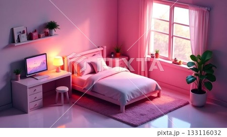 Interior in neon light, the bedroom computer and workplace 133116032