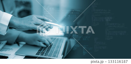 Software developer working with digital code and cybersecurity interface Software developer working with digital code and cybersecurity interface 133116187