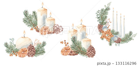 Christmas Advent Candle compositions set with fir branches, pine cones, winter berries, dry orange slices and toys. Watercolor illustration isolated on white background. For Cards and Prints, festive 133116296