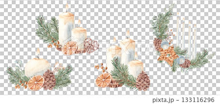Christmas Advent Candle compositions set with fir branches, pine cones, winter berries, dry orange slices and toys. Watercolor illustration isolated on white background. For Cards and Prints, festive 133116296