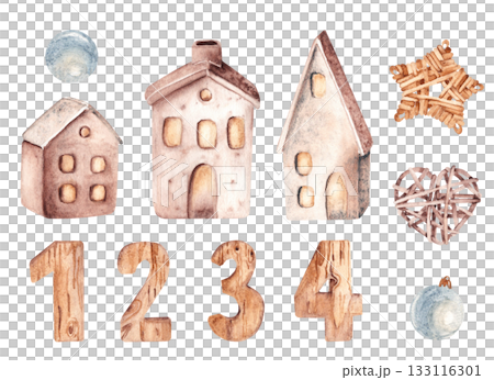 Set of Christmas, Advent Decoration. Ceramic Light Houses, Lanterns, wooden numbers and Christmas tree toys. Watercolor hand drawn illustrations isolated on white background. Clip art for cards 133116301