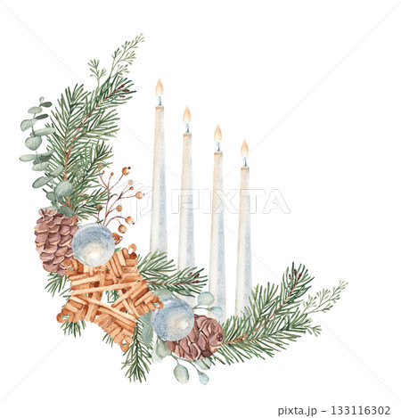 Christmas Advent Wreath with Winter plants, handmade wooden Toy and burning Candles. Fourth Advent. Hand drawn Illustration in realistic style isolated on white background. For Cards, Invitations and 133116302