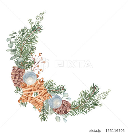Christmas Wreath with Winter plants and Wicker star Toy, Blue glass Baubles. Hand drawn Botanical Illustration of Fir Branches, Eucalyptus and Pine Cones isolated on white background. For Christmas or 133116303
