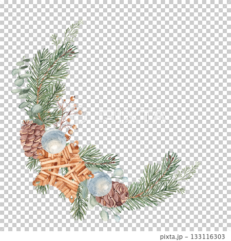 Christmas Wreath with Winter plants and Wicker star Toy, Blue glass Baubles. Hand drawn Botanical Illustration of Fir Branches, Eucalyptus and Pine Cones isolated on white background. For Christmas or 133116303