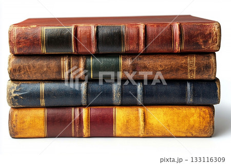Academic setting. Stack of Hardcover Books on a white background. Vintage book covers. Bookworm and library aesthetic. Books collection. 133116309