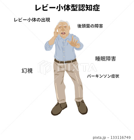 レビー小体型認知症の特徴を示す高齢者の全身医療イラスト|幻視・パーキンソン症状・後頭葉障害 レビー小体型認知症の特徴を示す高齢者の全身医療イラスト|幻視・パーキンソン症状・後頭葉障害 133116749