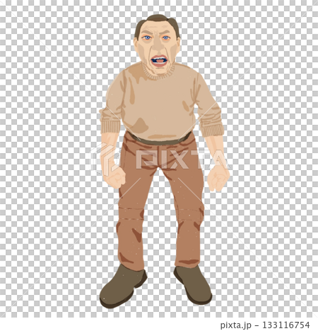 Whole-body medical illustration of an elderly person showing characteristics of frontotemporal dementia: personality changes, antisocial behavior, and emotional control disorders 133116754