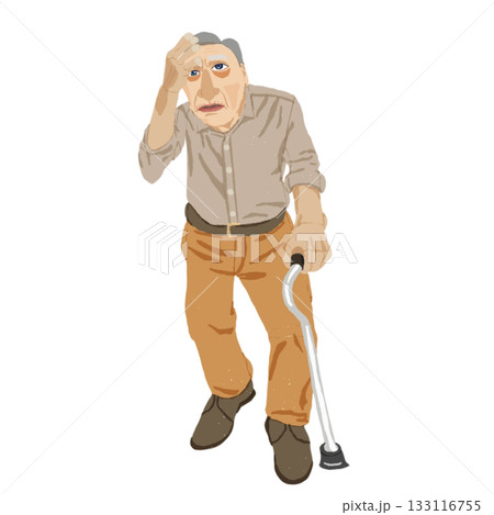 脳血管性認知症の特徴を示す高齢者の全身医療イラスト｜歩行障害・麻痺・血流障害による認知症 133116755