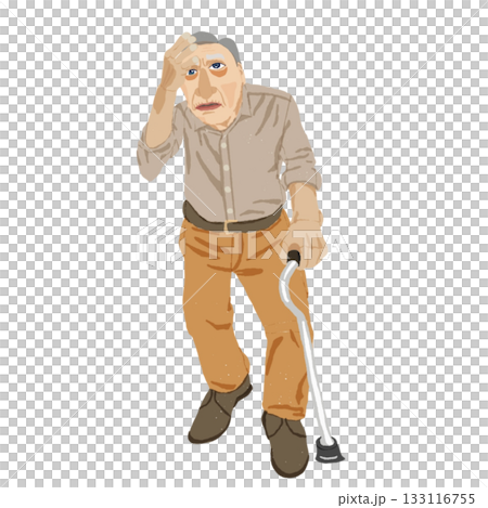 脳血管性認知症の特徴を示す高齢者の全身医療イラスト｜歩行障害・麻痺・血流障害による認知症 133116755
