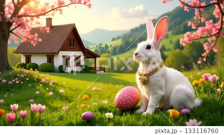 White rabbit adorned with jewelry beside colorful Easter eggs in a peaceful garden setting 133116760