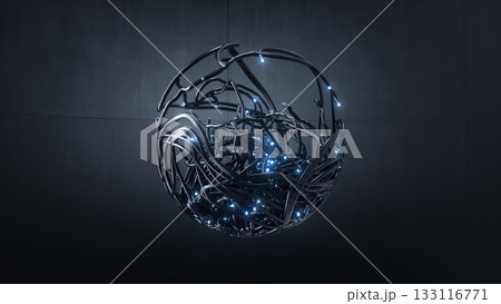 Detailed wiring system surrounds tiny data center emitting luminous blue pulses 133116771