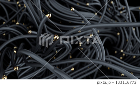 Chaotic tech visuals, Intricate network design featuring contrasting textures and hues, Complex web of dark cords accented by shimmering gold details and vibrant highlights 133116772