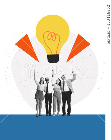 Vibrant composition of cheering team under giant glowing lightbulb Vibrant composition of cheering team under giant glowing lightbulb 133116852