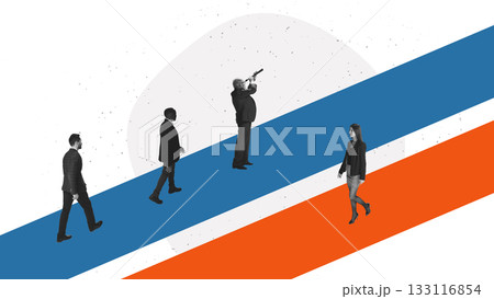Minimal collage of professionals walking forward on bold diagonal paths 133116854