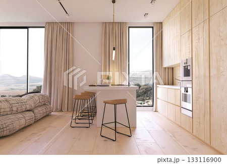 Bright minimalist kitchen with panoramic windows Bright minimalist kitchen with panoramic windows 133116900