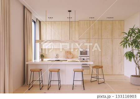 Minimalist natural wood kitchen with island seating Minimalist natural wood kitchen with island seating 133116903
