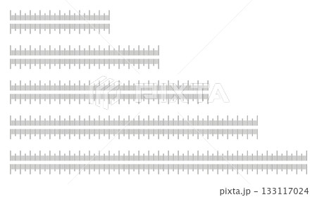 Metrics indicators cm. Chart 10, 15, 20, 25, 30 centimeters. Scales for ruler in centimeters. Metric ruler icons. Length, height, distance, sewing, measuring tools. Set of measuring scale templates. 133117024
