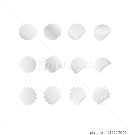 gold silver White tags paper round stickers with peeling corner and shadow rounded plastic mockup sticker mockup 133117095