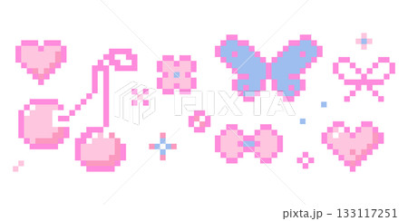 Cute pixel border nice pink pixel decoration. Y2k retro game 8 bit flower blossom, stars sparkles, butterfly, heart and cherry. Whimsical sparkling shining stars emoji, 133117251