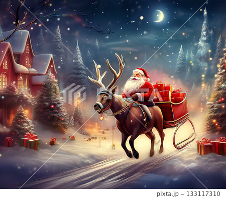 Santa claus riding reindeer pulling sleigh full of gifts Santa claus riding reindeer pulling sleigh full of gifts 133117310