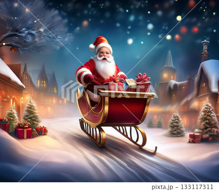 Santa claus delivering presents in a snowy christmas village Santa claus delivering presents in a snowy christmas village 133117311