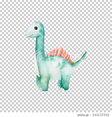 Cute dinosaur. Watercolor hand drawn prehistoric Spinosaurus, Brachiosaurus animal. Isolated illustration on transparent background. Perfect for for nursery and baby shower, tropical design projects 133117332