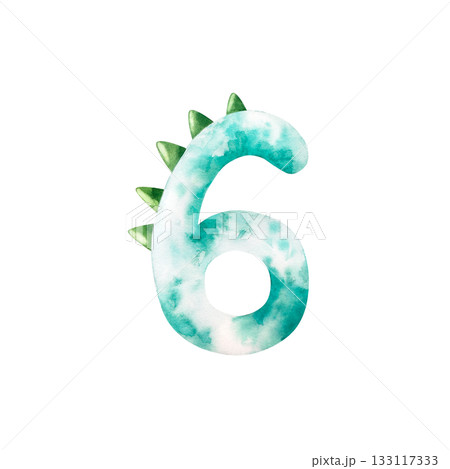 Cute dinosaur number six. Watercolor hand drawn prehistoric illustration for invitation card, nursery poster. Sketch on transparent background. Perfect for for nursery and baby shower, tropical design 133117333