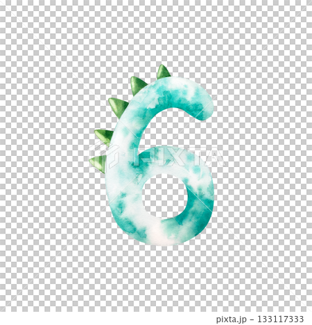 Cute dinosaur number six. Watercolor hand drawn prehistoric illustration for invitation card, nursery poster. Sketch on transparent background. Perfect for for nursery and baby shower, tropical design 133117333