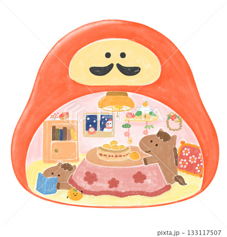 冬にだるまのお家でこたつに入るかわいい馬 冬にだるまのお家でこたつに入るかわいい馬 133117507
