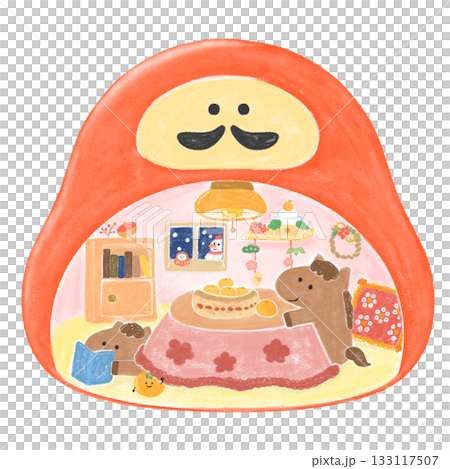 一匹可愛的馬兒在冬天坐在達摩屋裡的暖桌旁。 133117507