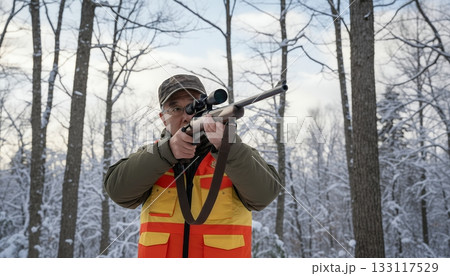 ライフル銃を構えて狙いを定める猟友会の男性 ライフル銃を構えて狙いを定める猟友会の男性 133117529
