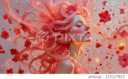 Ethereal beauty with rose-adorned pink hair and sparkling petals. A fantasy portrait featuring a woman with flowing, rose-adorned pink hair, set against a backdrop of floating red petals. Ethereal beauty with rose-adorned pink hair and sparkling petals. A fantasy portrait featuring a woman with flowing, rose-adorned pink hair, set against a backdrop of floating red petals. 133117623