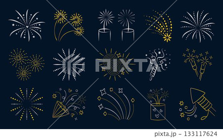 Gold and silver fireworks icon set. Sparklers and firecrackers gradient shiny line pictograms. Salute and sparkle golden and chrome signs. Vector collection Gold and silver fireworks icon set. Sparklers and firecrackers gradient shiny line pictograms. Salute and sparkle golden and chrome signs. Vector collection 133117624